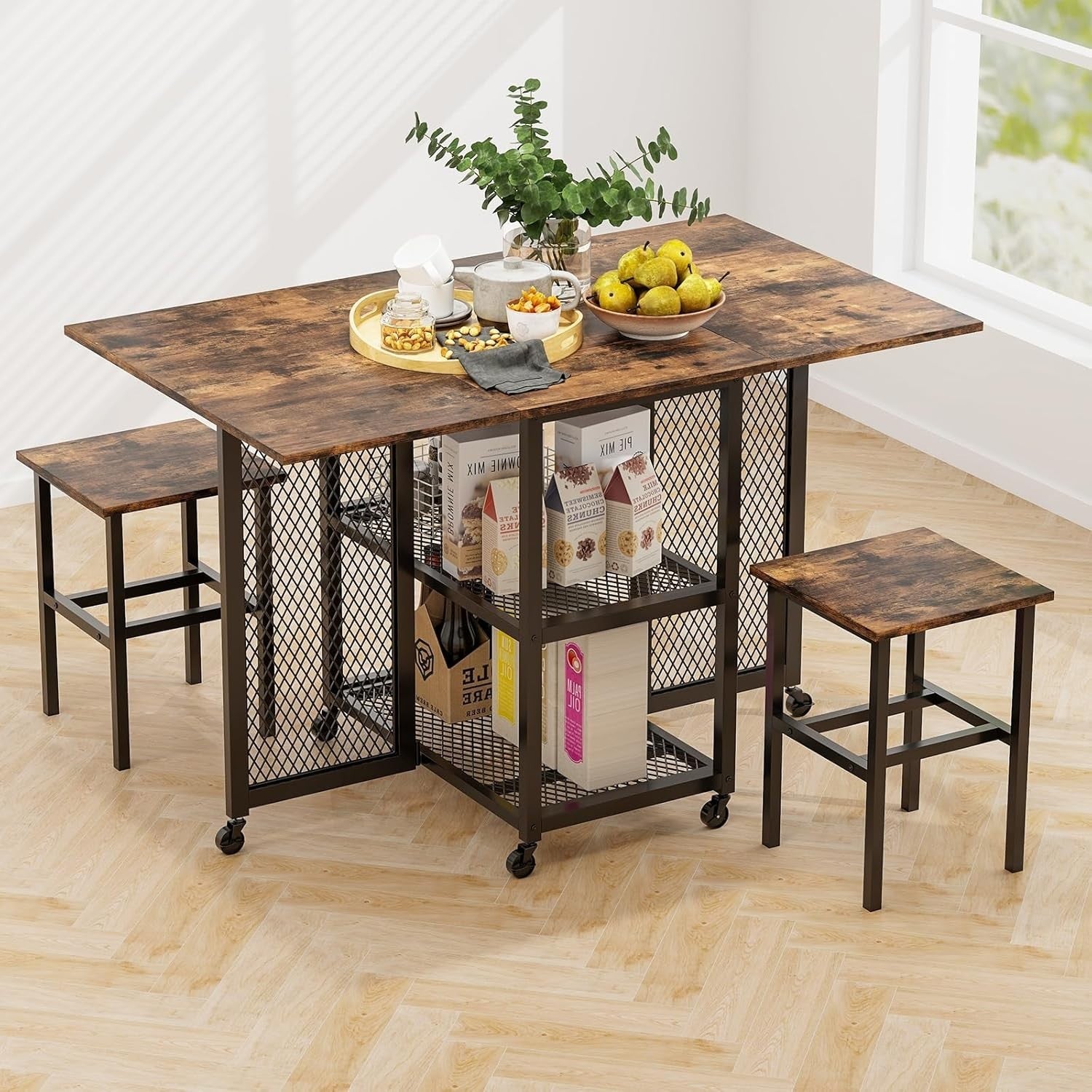 Space-Saving Folding Dining Table & Stools Set with Storage Shelves 120cm