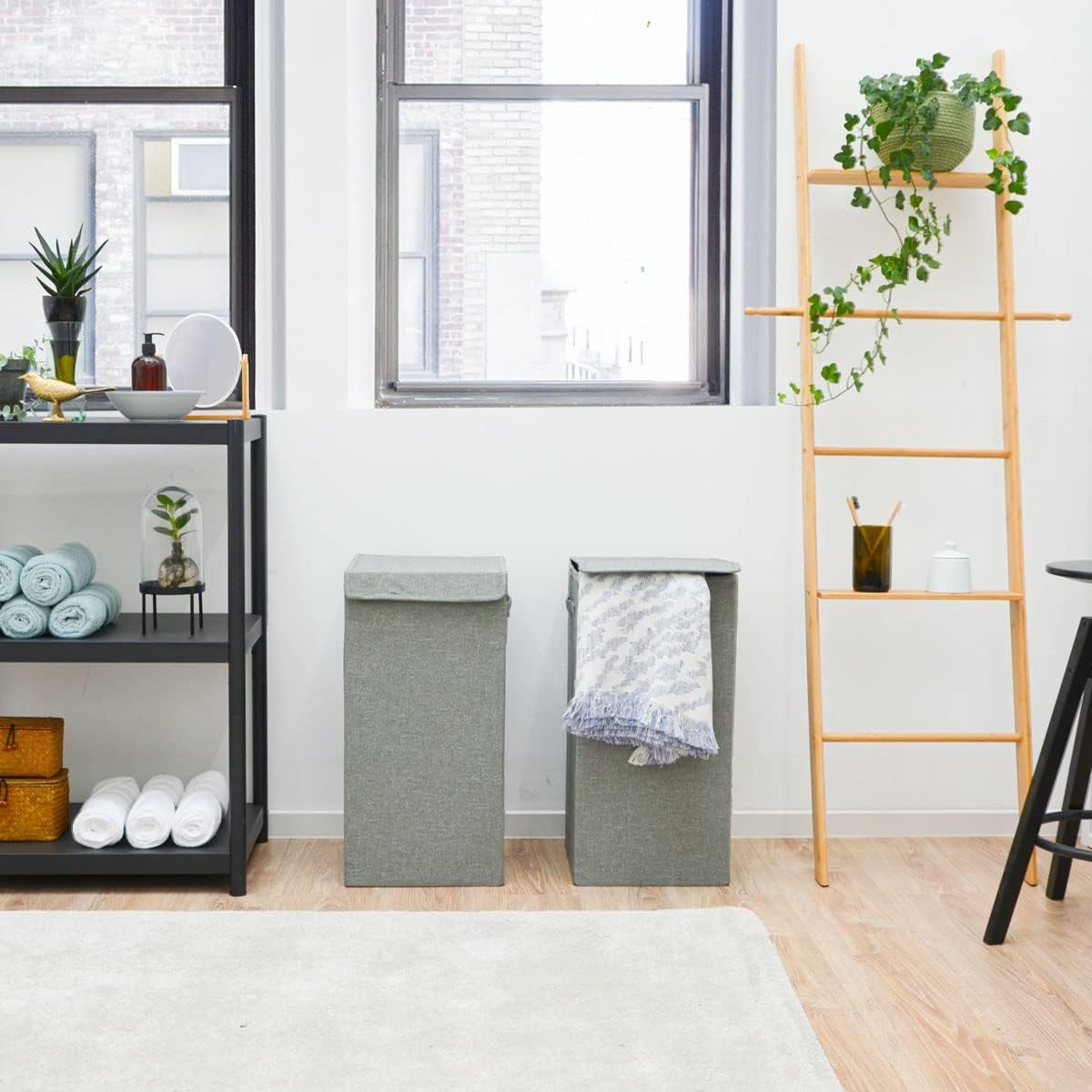 Set of 2 Grey Laundry Hampers with Lids 30×30×60cm Foldable Large Washing Bins