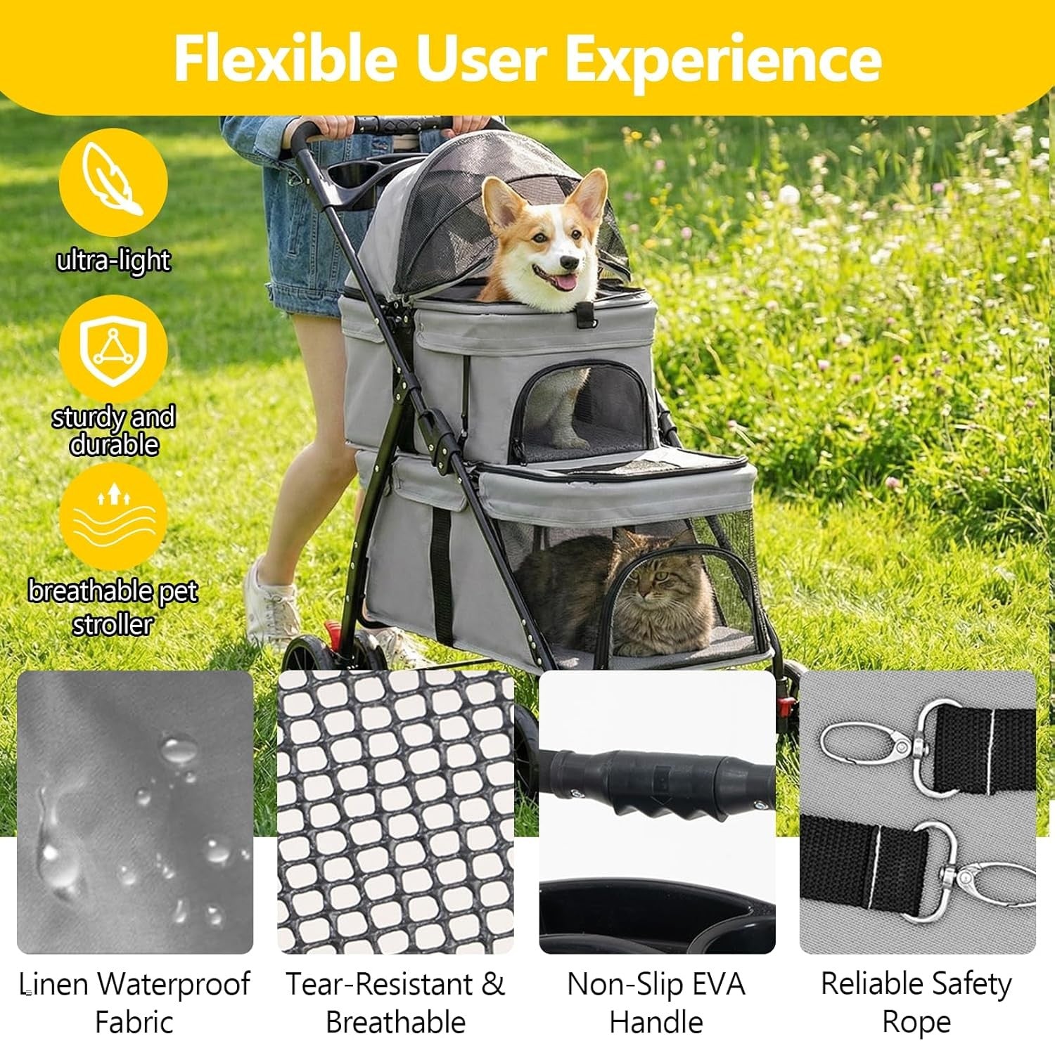 Double Pet Stroller for Small Dogs Cats 2 Tier Foldable 4 Wheel