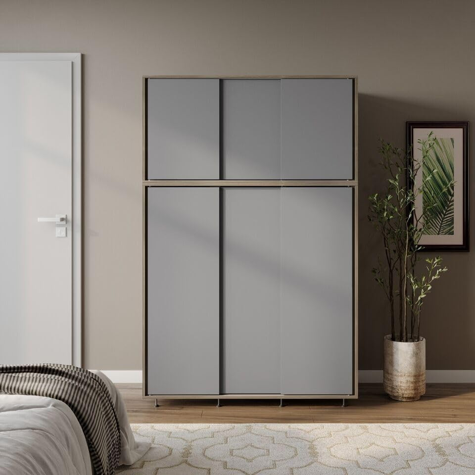 6-Door Grey Oak Sliding Wardrobe with Adjustable Feet & Hanging Rail