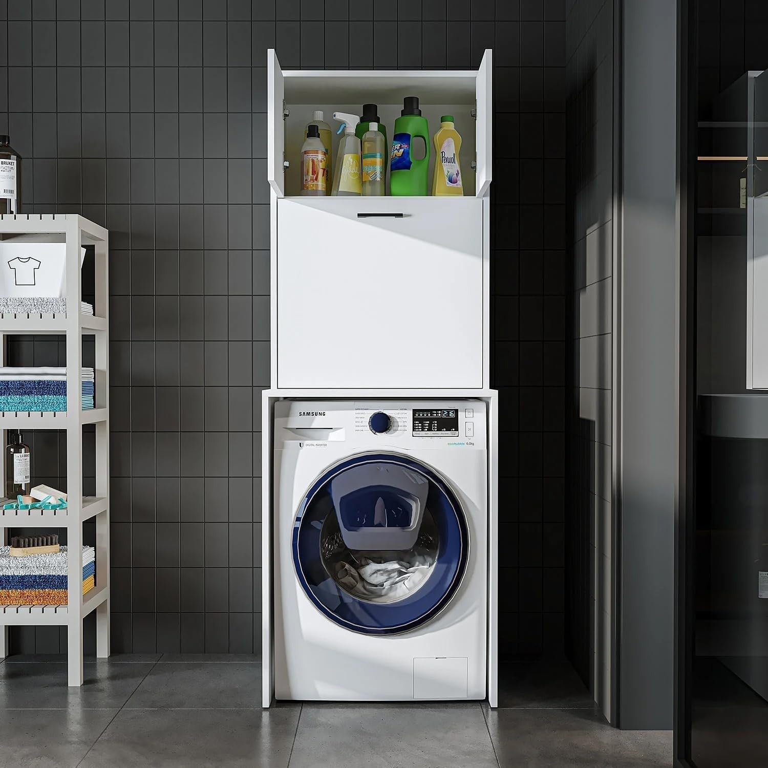 White Washing Machine Cabinet with Cupboards & Built-In Laundry Basket 180cm
