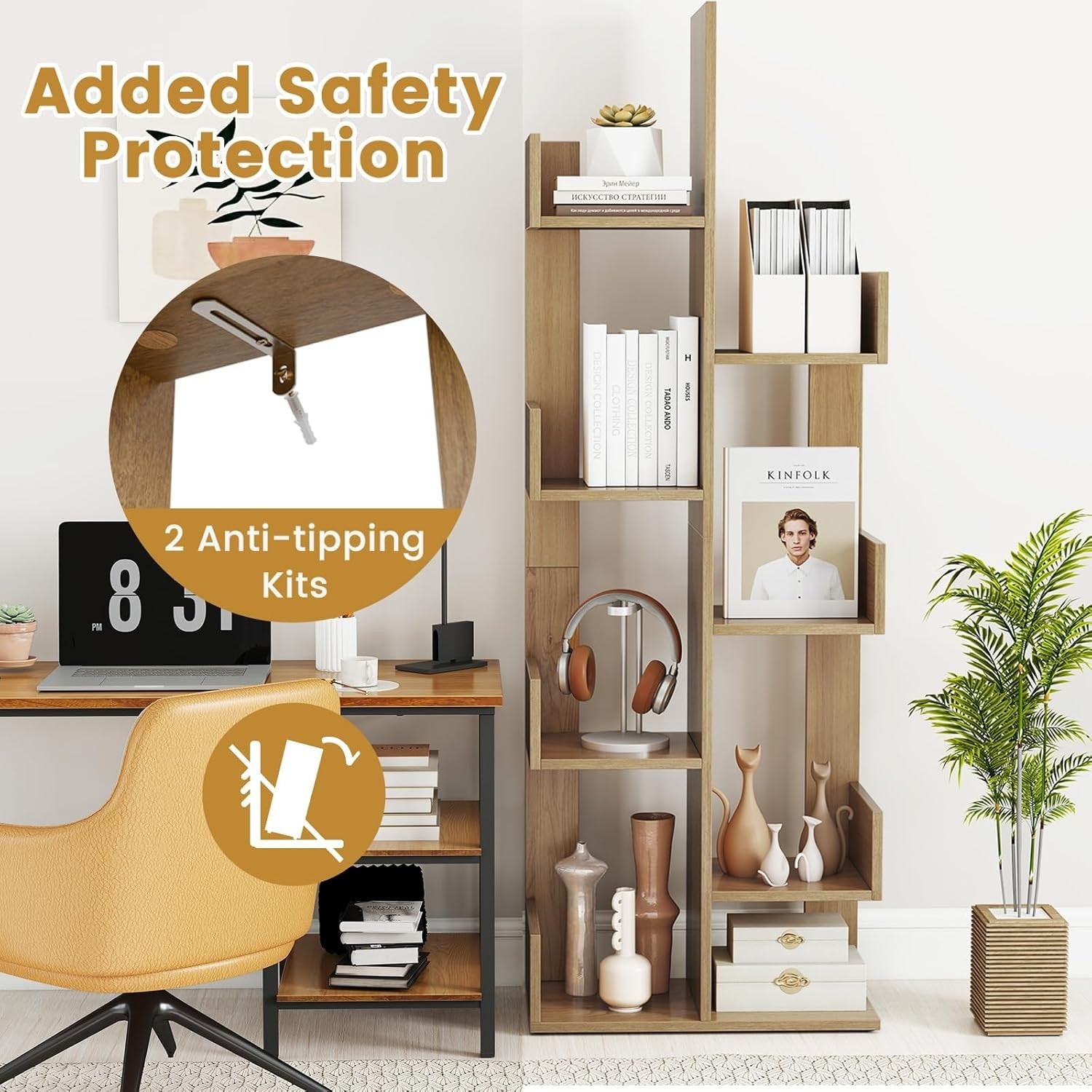 Modern Tree Bookshelf 8-Tier Floor Standing Storage Rack Natural Wood Unit