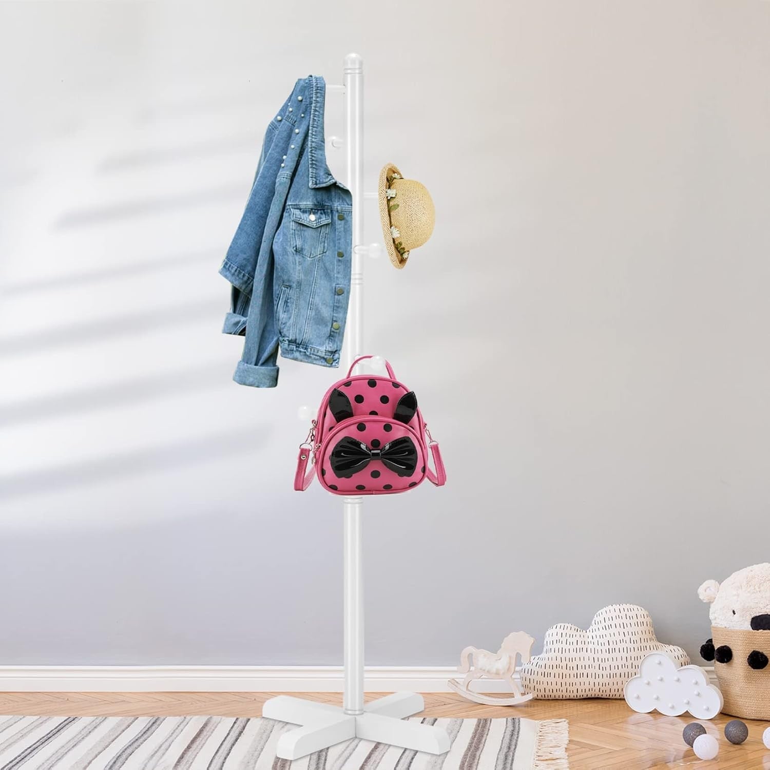Kids White Wooden Coat Rack | 8 Hooks Adjustable Freestanding Tree Stand