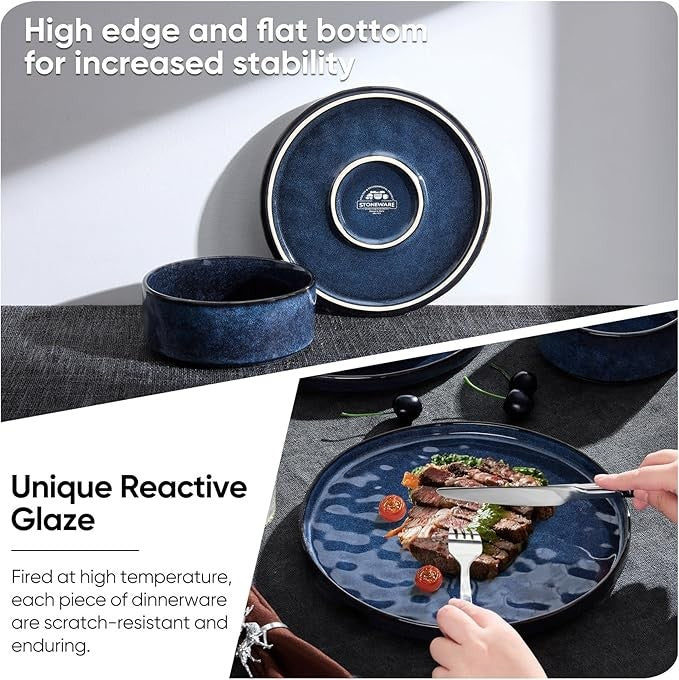 12pc Blue Stoneware Dinner Set Plates Bowls Reactive Glaze Service for 4