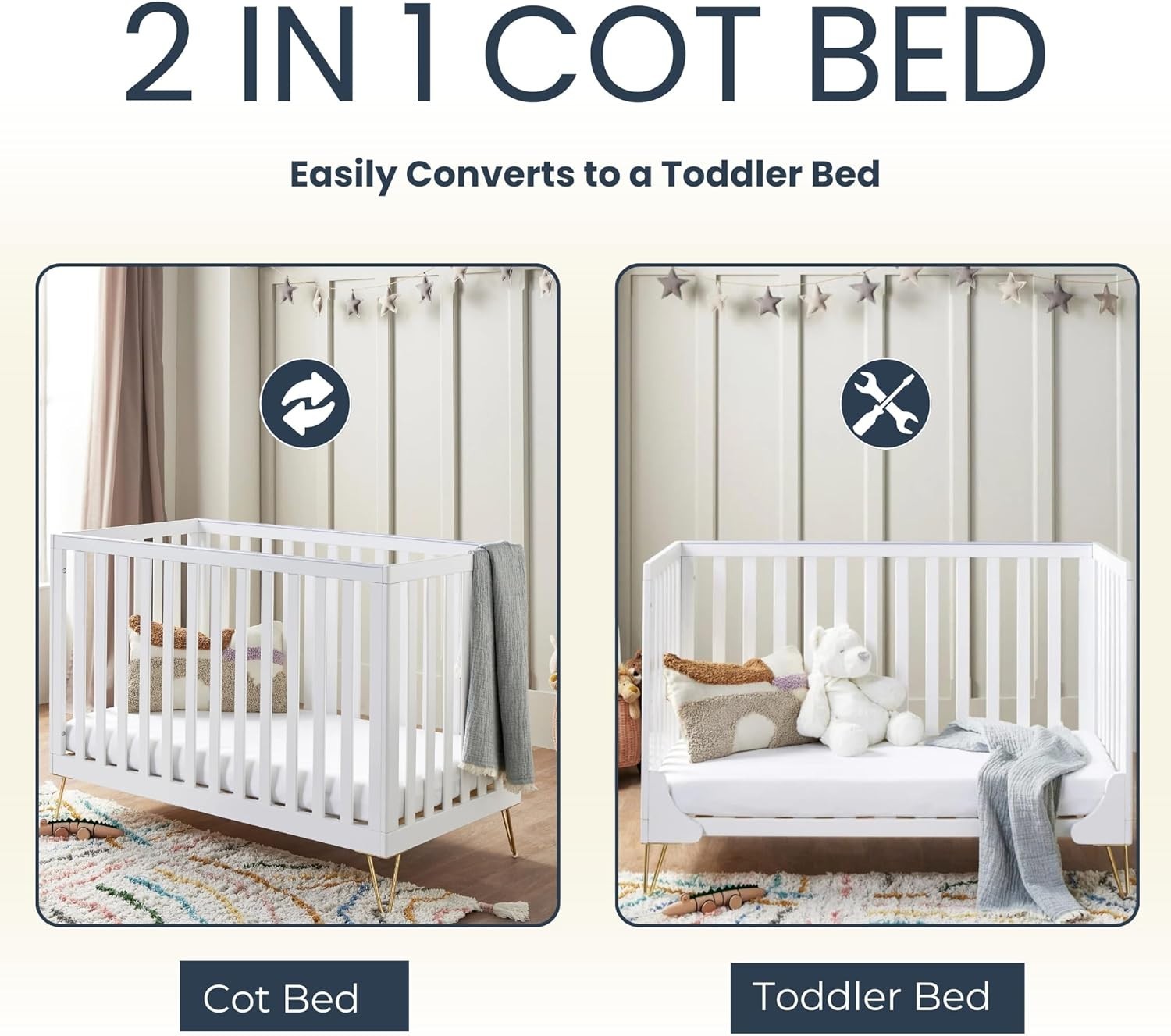 Acrylic Baby Cot Bed Convertible Toddler Bed Adjustable Height Modern Design XL