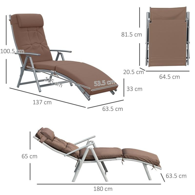Reclining Padded Garden Lounger Folding Steel Frame Adjustable Brown