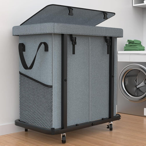 190L Grey 2 Section Laundry Hamper Large Rolling Basket Heavy Duty on Wheels