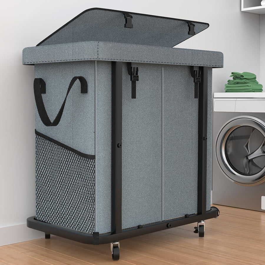 190L Grey 2 Section Laundry Hamper Large Rolling Basket Heavy Duty on Wheels