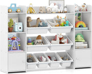 White Kids Toy Storage Unit – 4-Tier Bookshelf with Bins & Cabinets 142cm