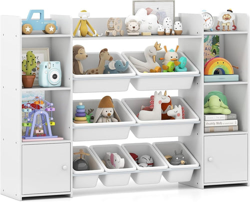 White Kids Toy Storage Unit – 4-Tier Bookshelf with Bins & Cabinets 142cm