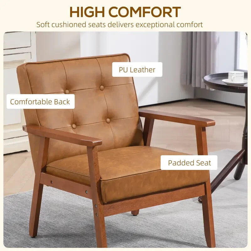 Brown PU Leather Armchair Retro Accent Chair with Wooden Frame 200kg