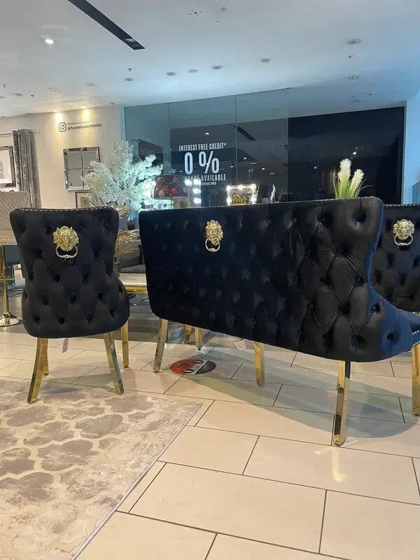 Black Velvet Dining Bench Gold Legs Lion Knocker Tufted Backrest Seat