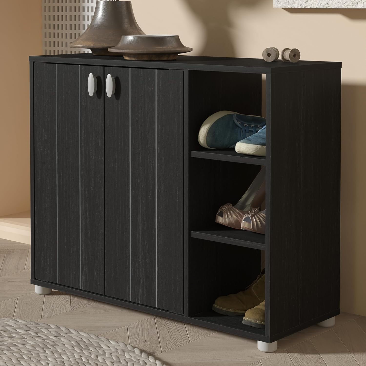 Rustic Shoe Storage Cabinet with Doors, 12-Pair Rack, Black Oak Finish