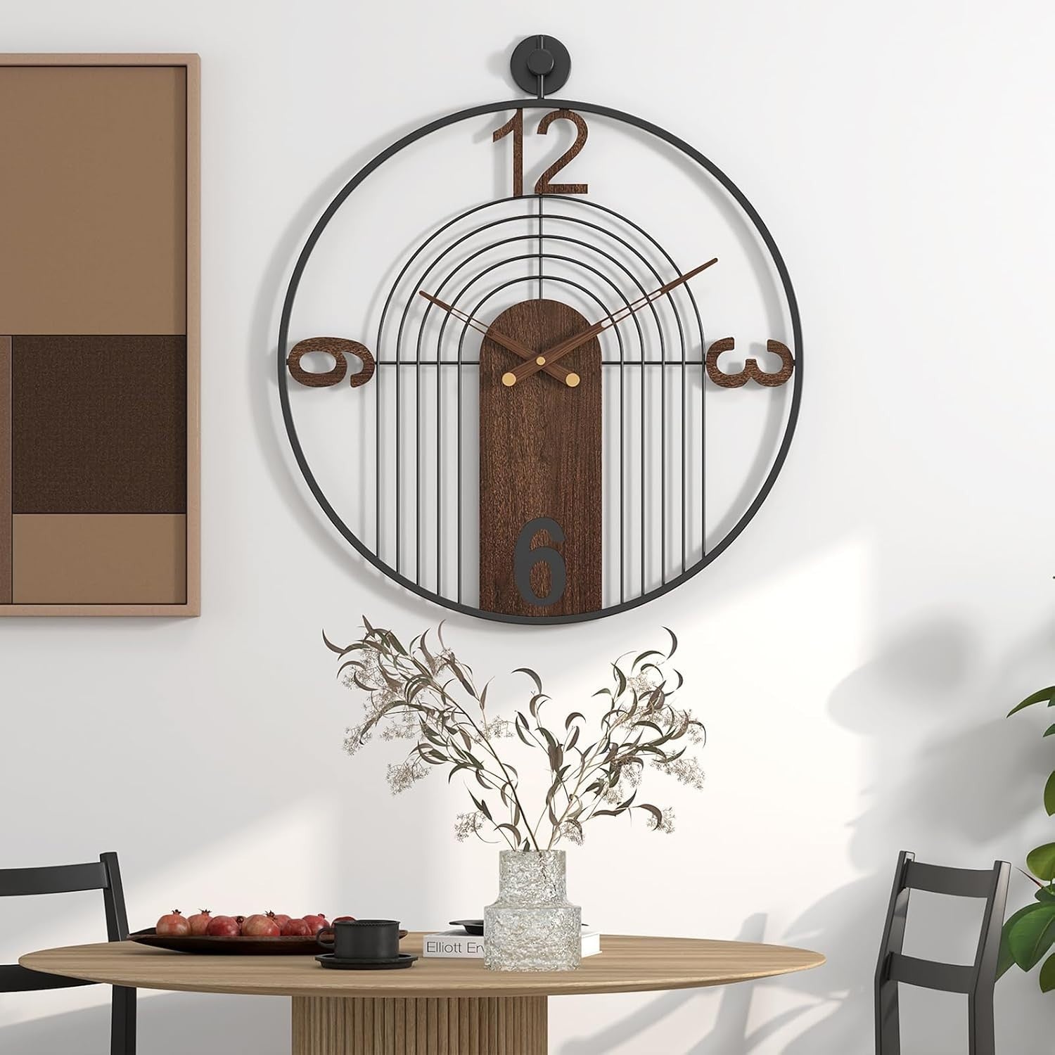 Large Silent Wall Clock Modern Walnut Metal Frame for Living Room Decor