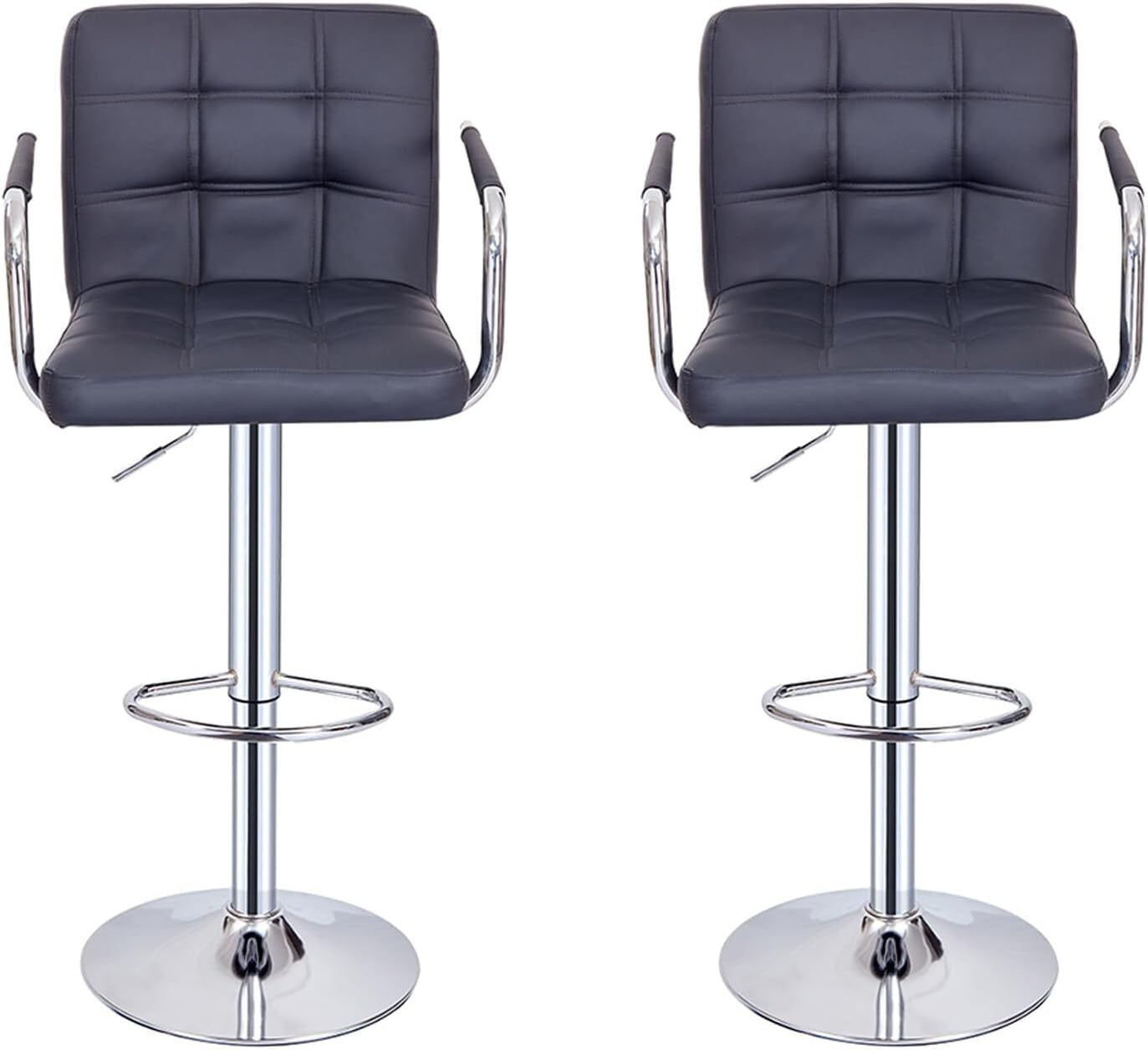 Set of 2 Black Adjustable Swivel Bar Stools with Armrests & PU Leather