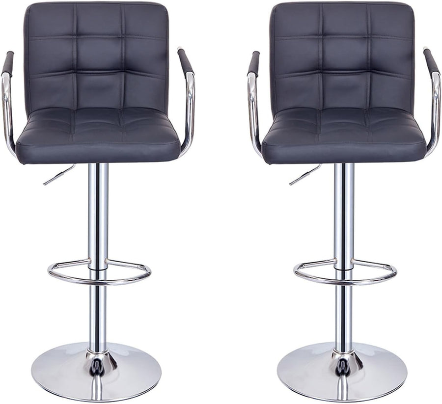 Set of 2 Black Adjustable Swivel Bar Stools with Armrests & PU Leather