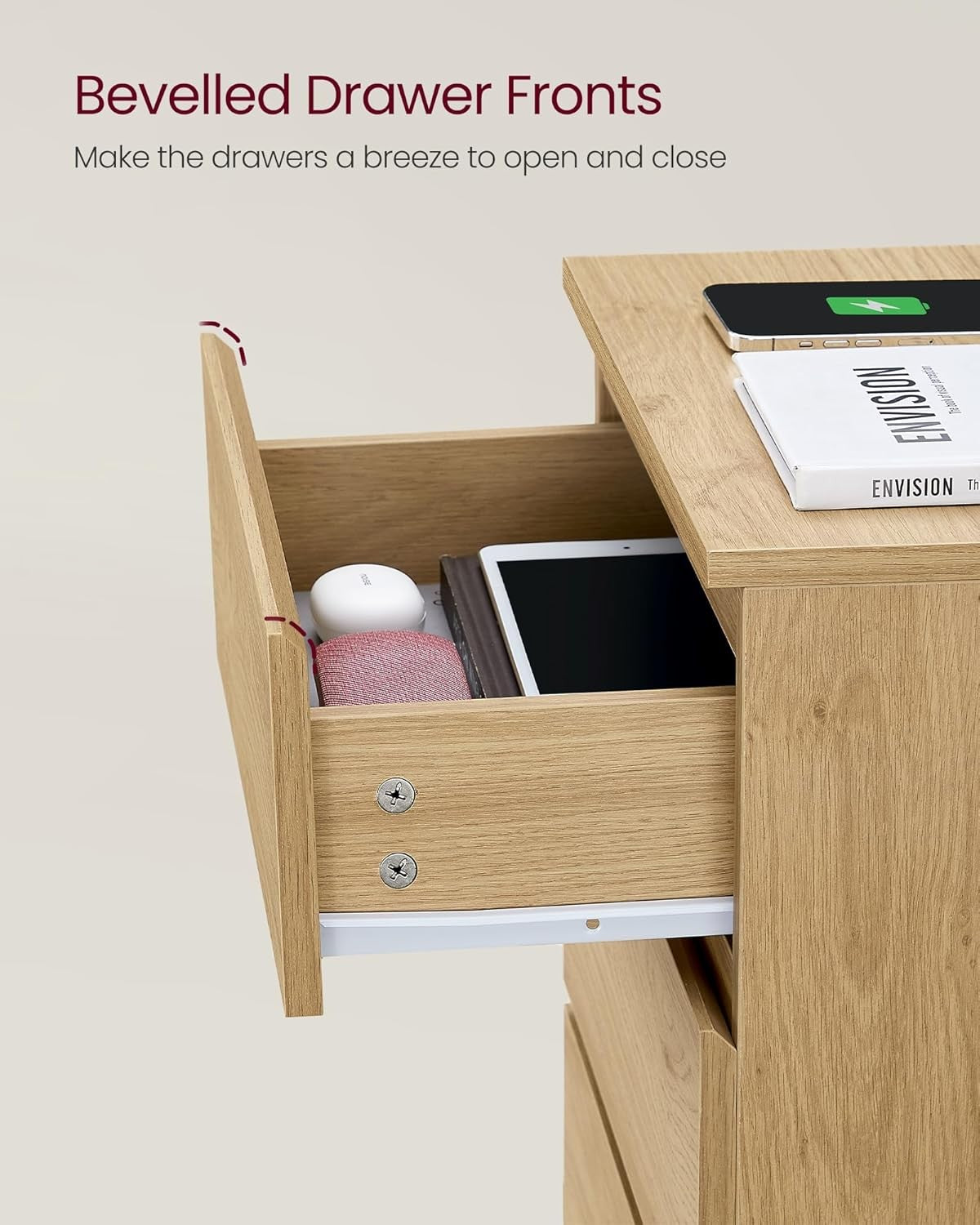 Oak Bedside Table with Charging Station, 3 Drawers, USB & AC Ports, Modern