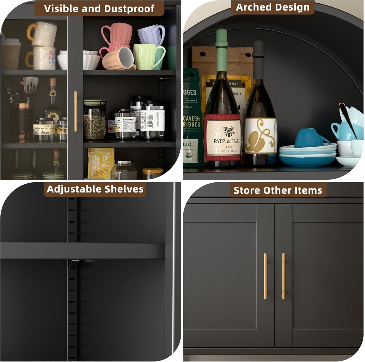 185cm Tall Metal Arched Kitchen Pantry Cabinet Black | 4-Door Storage