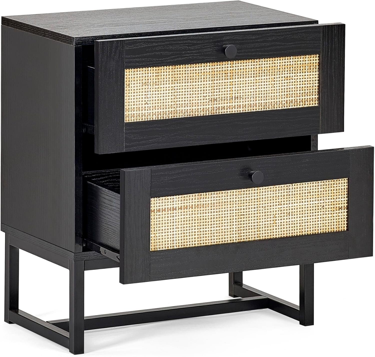 Modern Black 2 Drawer Bedside Table with Rattan Front 50x30x55cm
