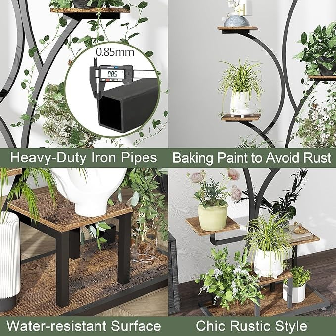 8 Tier Metal Wooden Plant Stand with LED Grow Lights Indoor Tall Flower Shelf