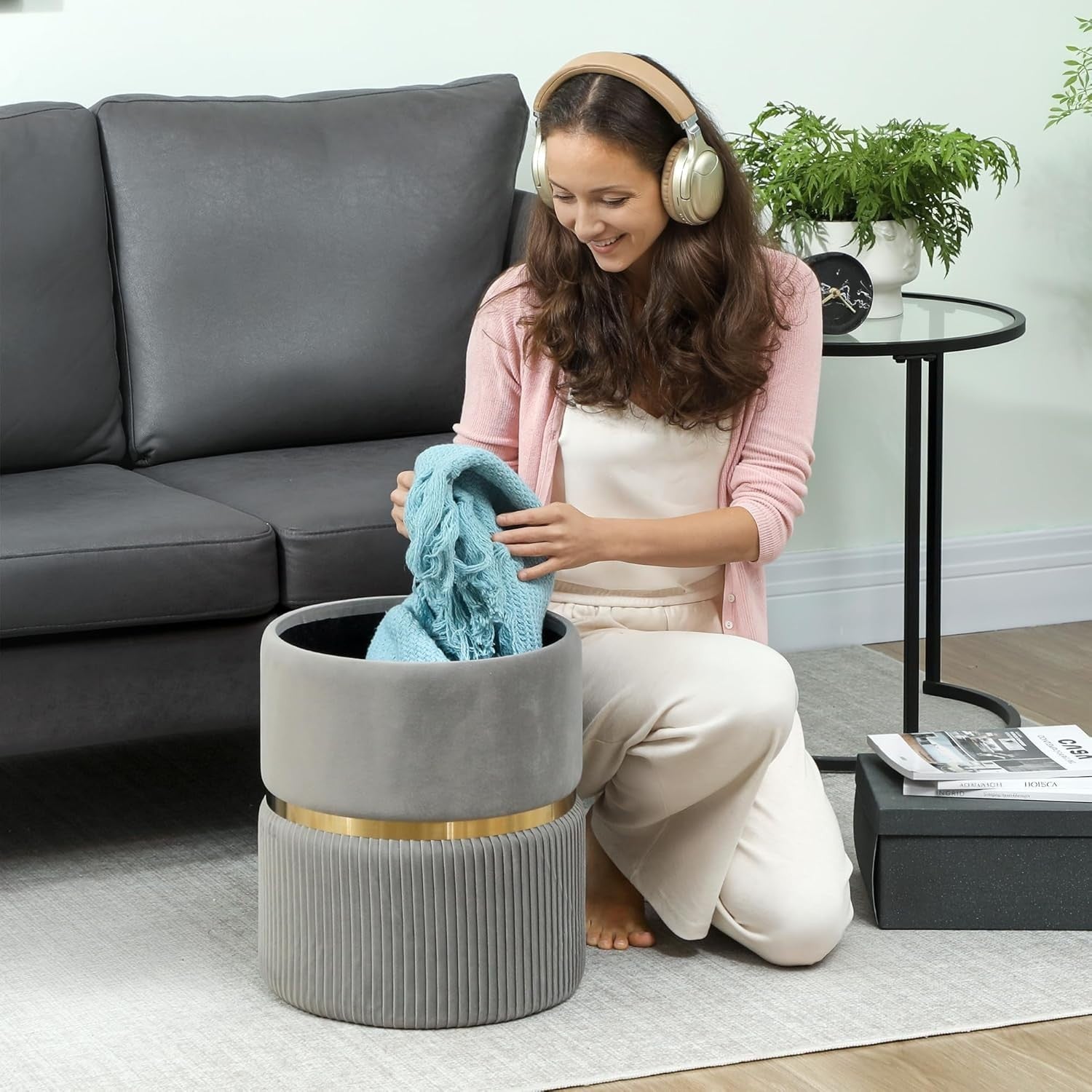 Light Grey Round Storage Stool Velvet Ottoman Padded Seat Vanity Footrest