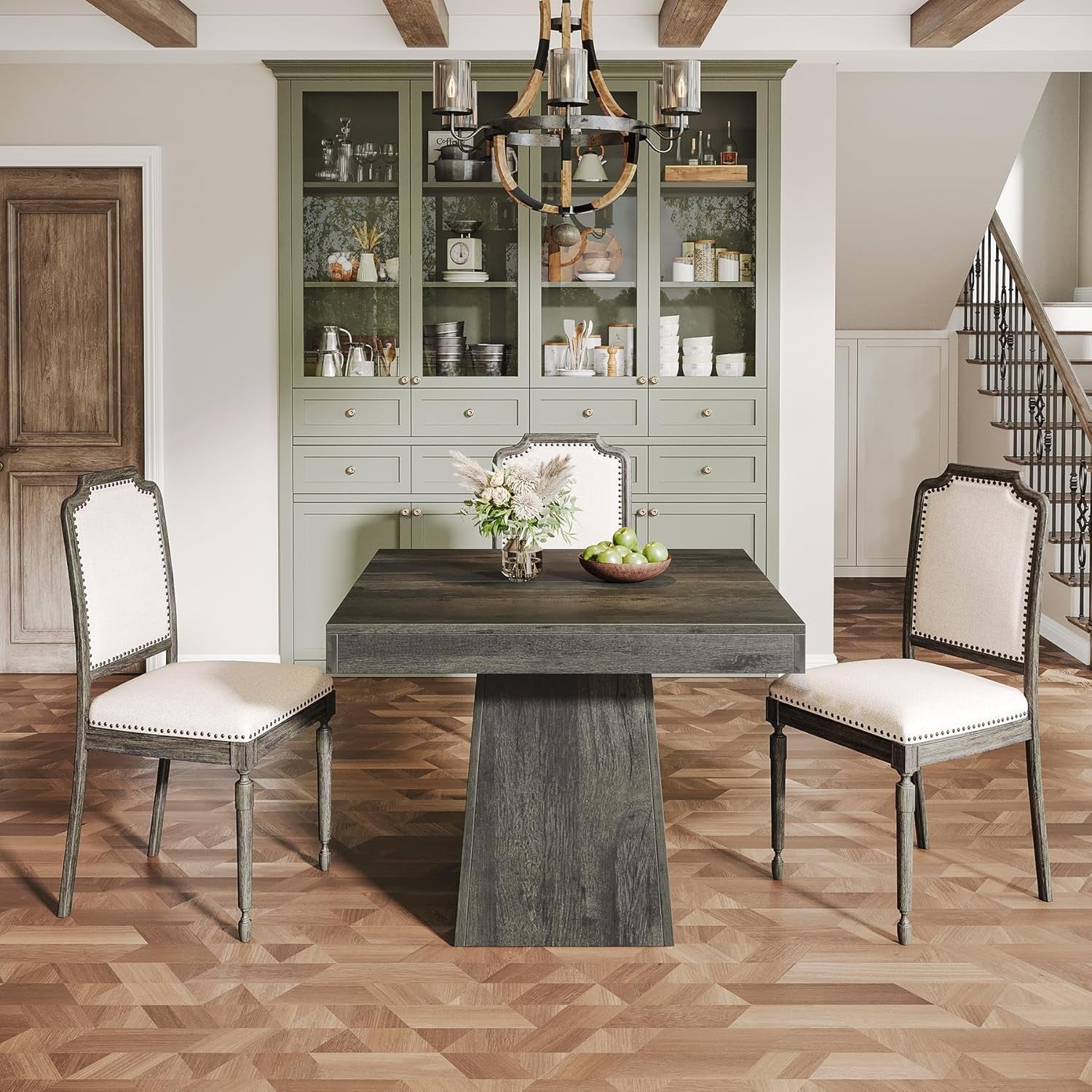 31.5" Square Dining Table Gray Pedestal Base for Kitchen & Small Spaces
