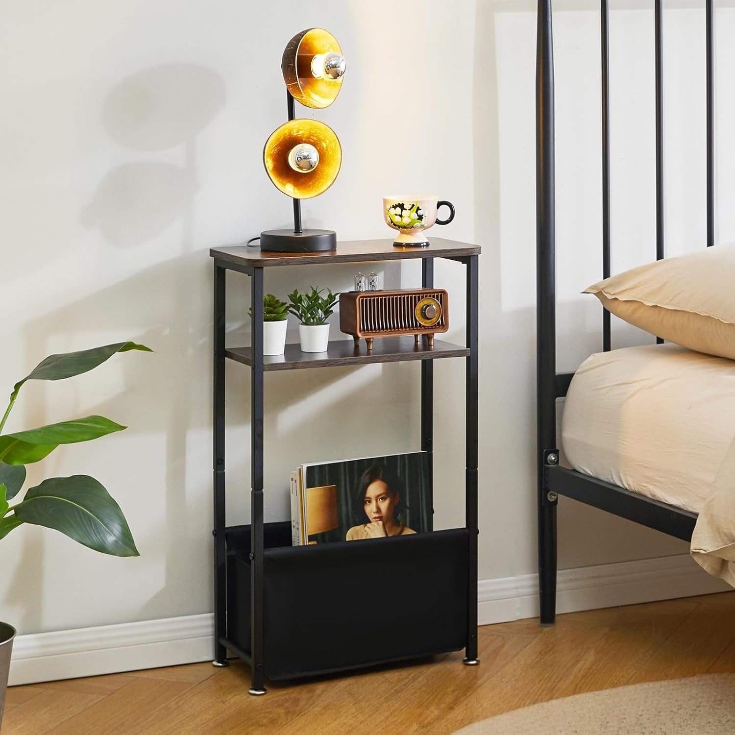 Slim 3-Tier Side Table Storage Basket – Narrow Bedside/End Table for Small