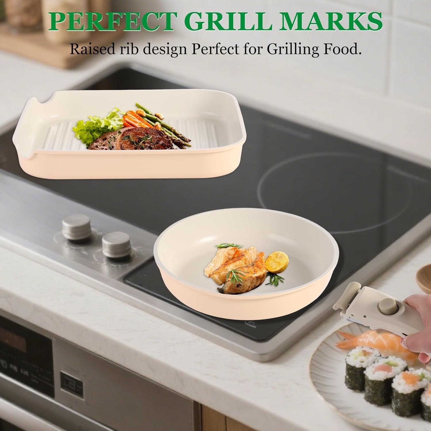 12pcs Hazelnut Non Stick Cookware Set with Detachable Handle Induction Oven Safe
