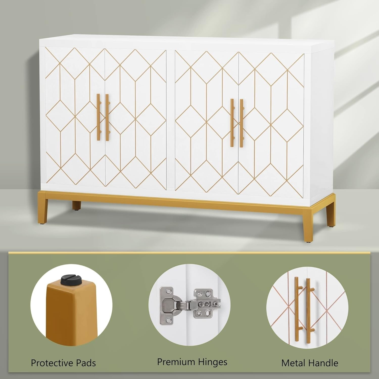 White Sideboard Cabinet 4 Door Gold Trim Storage Unit for Hallway Room