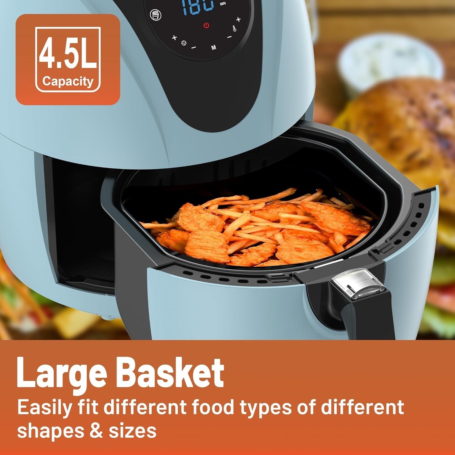 4.5L Digital Air Fryer | 1400W Oil-Free Cooking | 7 Presets | Aqua Blue
