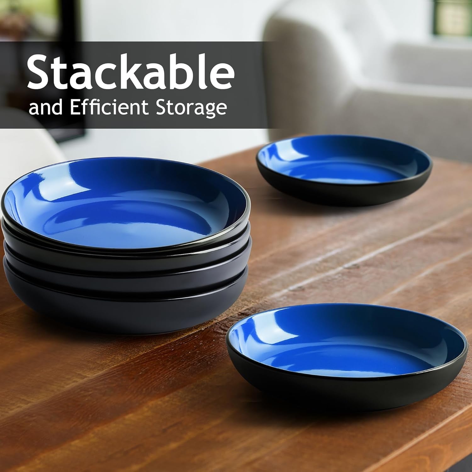 6x Large Pasta Soup Bowls 900ml Blue Stoneware Deep Salad Serving Bowls