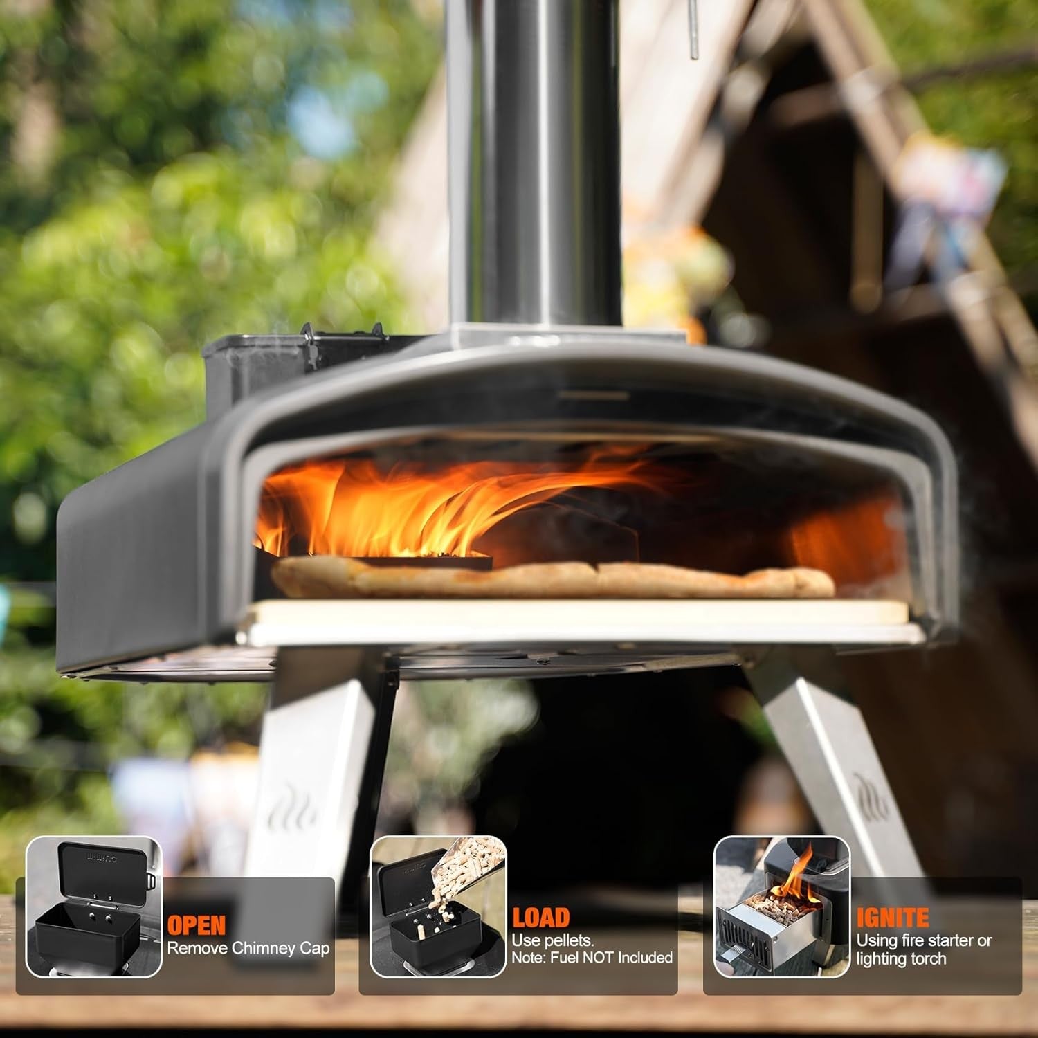 Outdoor Pellet Pizza Oven | Portable Garden BBQ Cooker w/ Stone & Foldable Legs