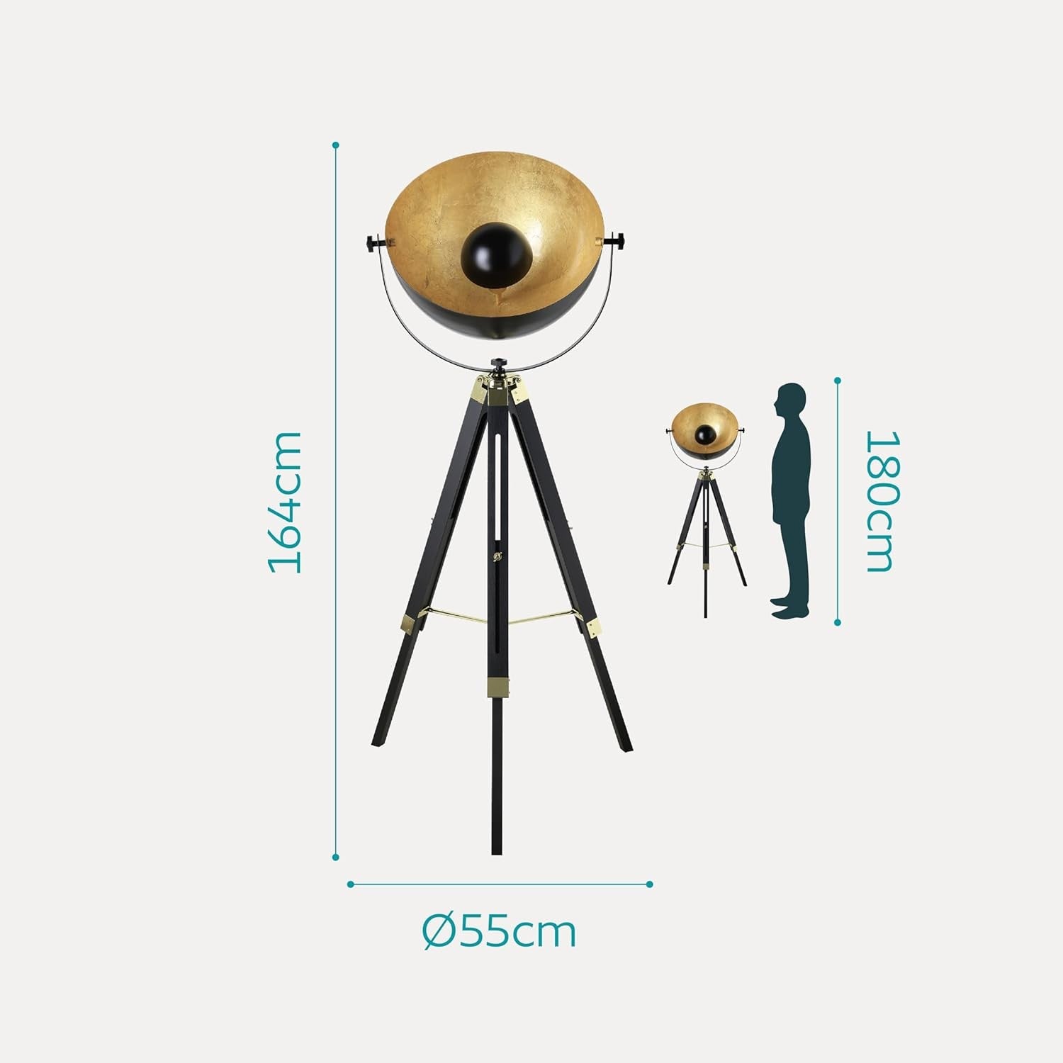 Industrial Tripod Floor Lamp Black Gold Brass Wood Vintage Studio Light