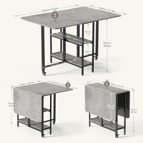 Grey Drop Leaf Folding Dining Table with Storage Shelves 120cm