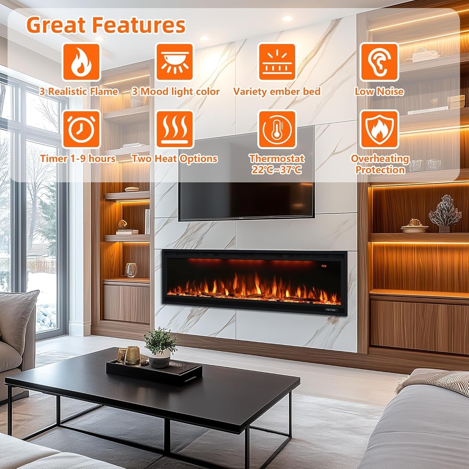 Electric Wall Mounted Fireplace 50" Recessed Heater Multicolor Flame Timer