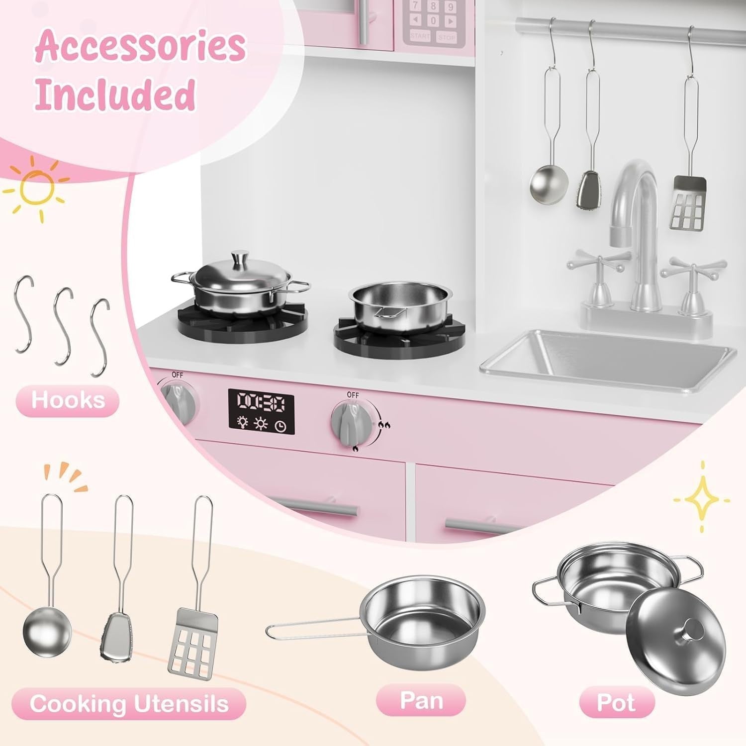 Kids Wooden Play Kitchen Set w/ Lights Sounds Microwave Sink Pink