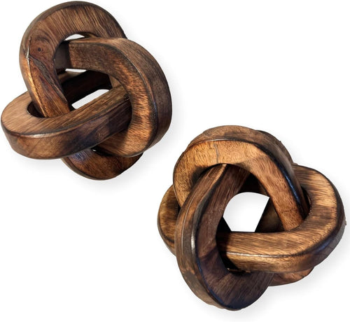 Rustic Wooden Knot Ornaments Pair | 3-Link Sculptures | Shelf & Coffee Table