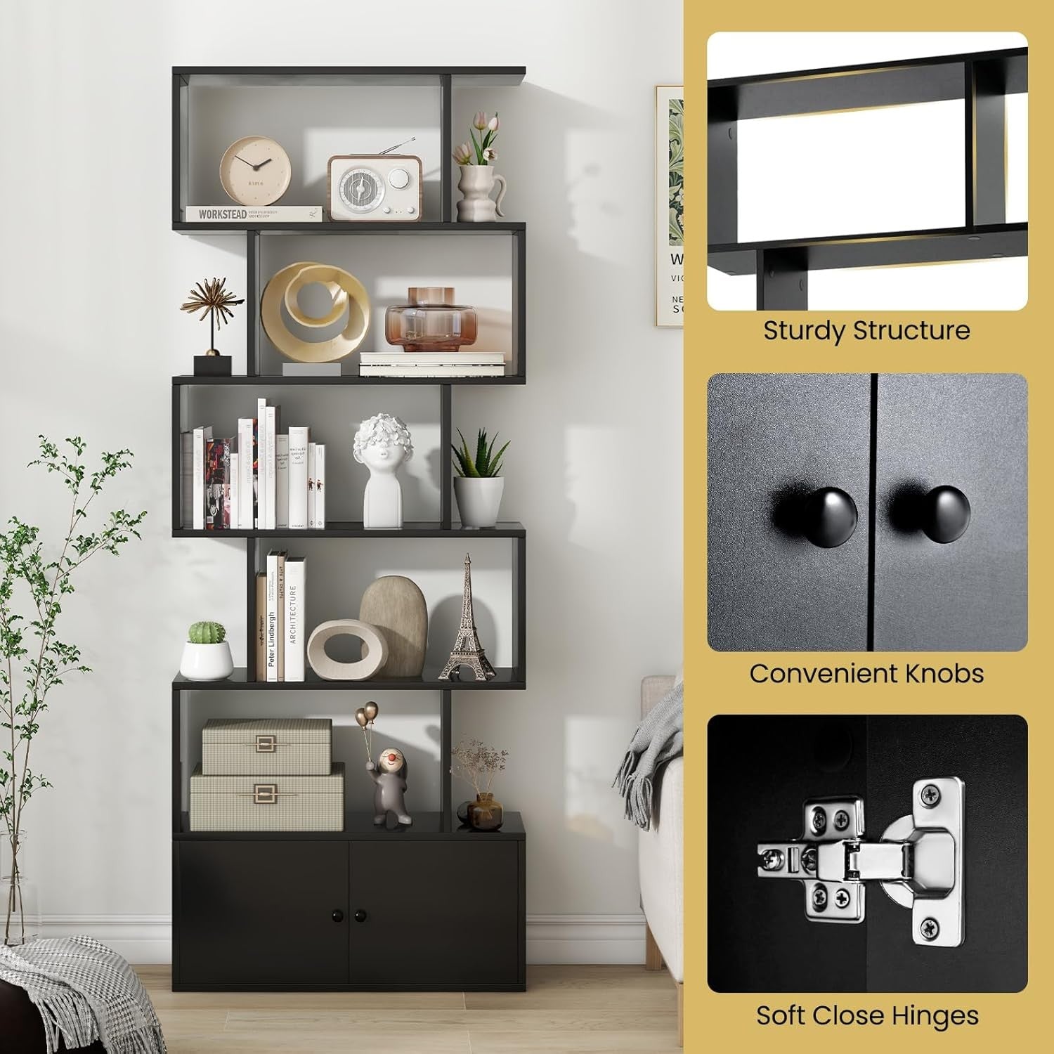 Black S-Shaped 6 Tier Bookcase Tall Freestanding Storage Shelf with Cabinet