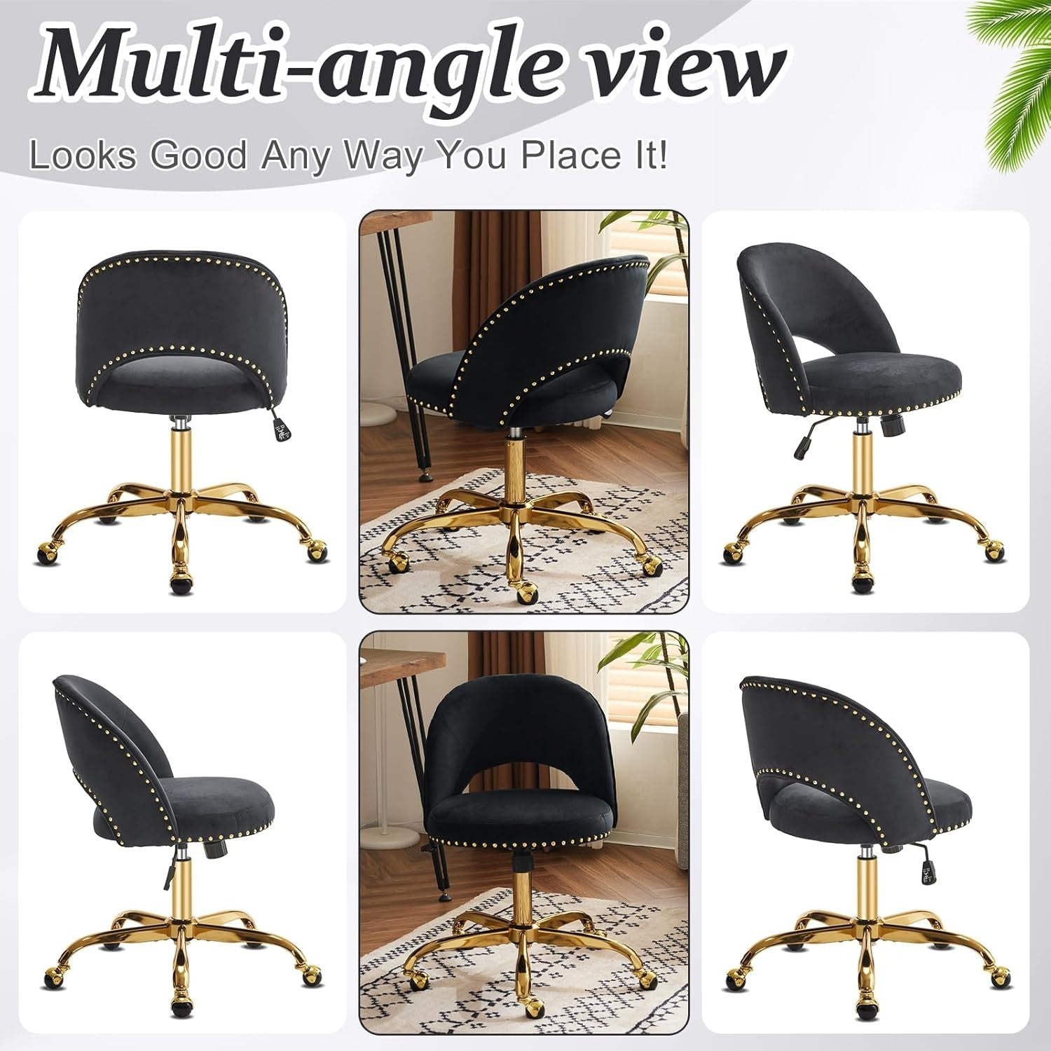 Black Velvet Swivel Vanity Chair – Adjustable Height Desk & Makeup Seat