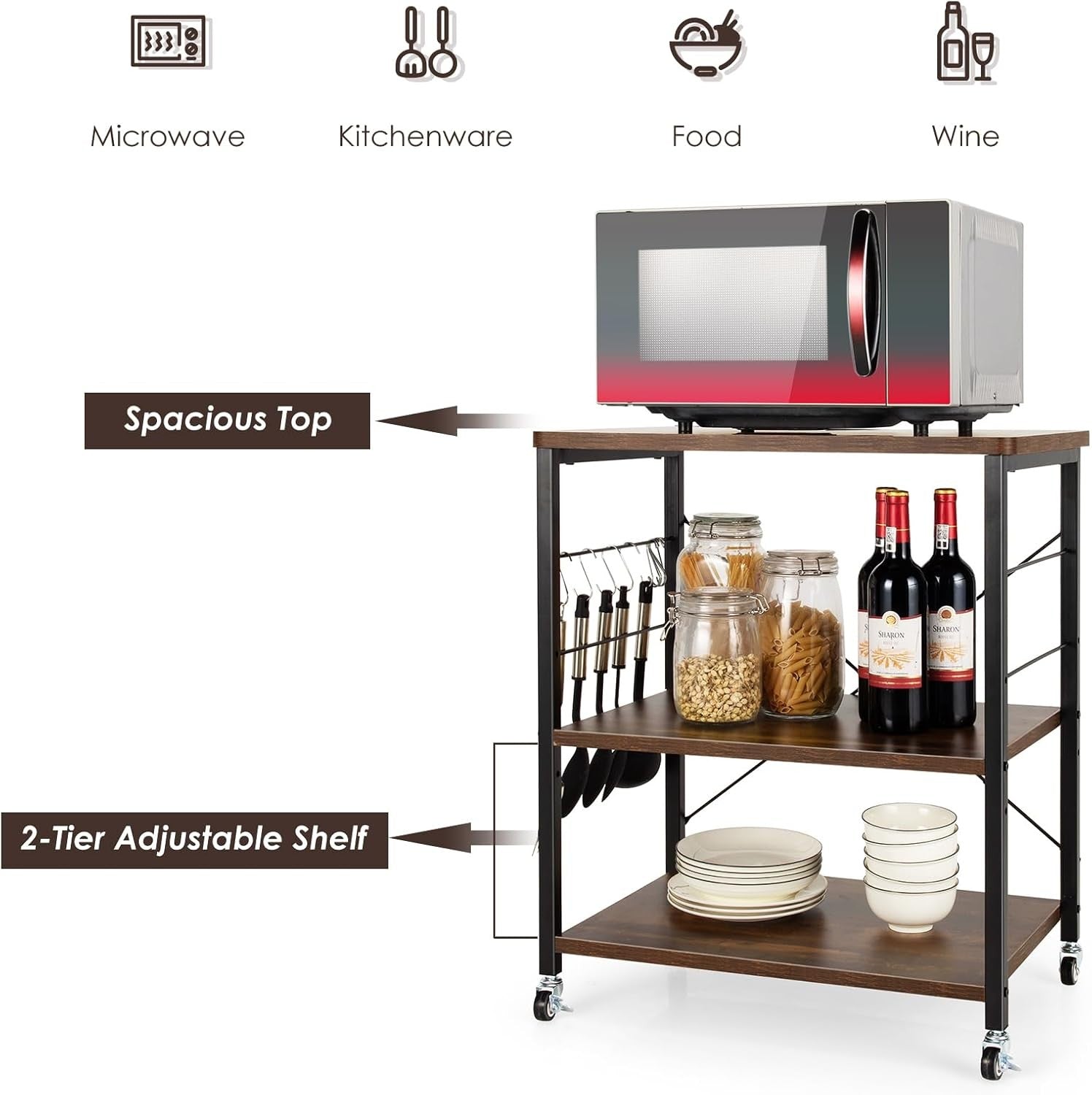 Kitchen Bakers Rack Rolling Cart Microwave Stand 3 Tier Shelves