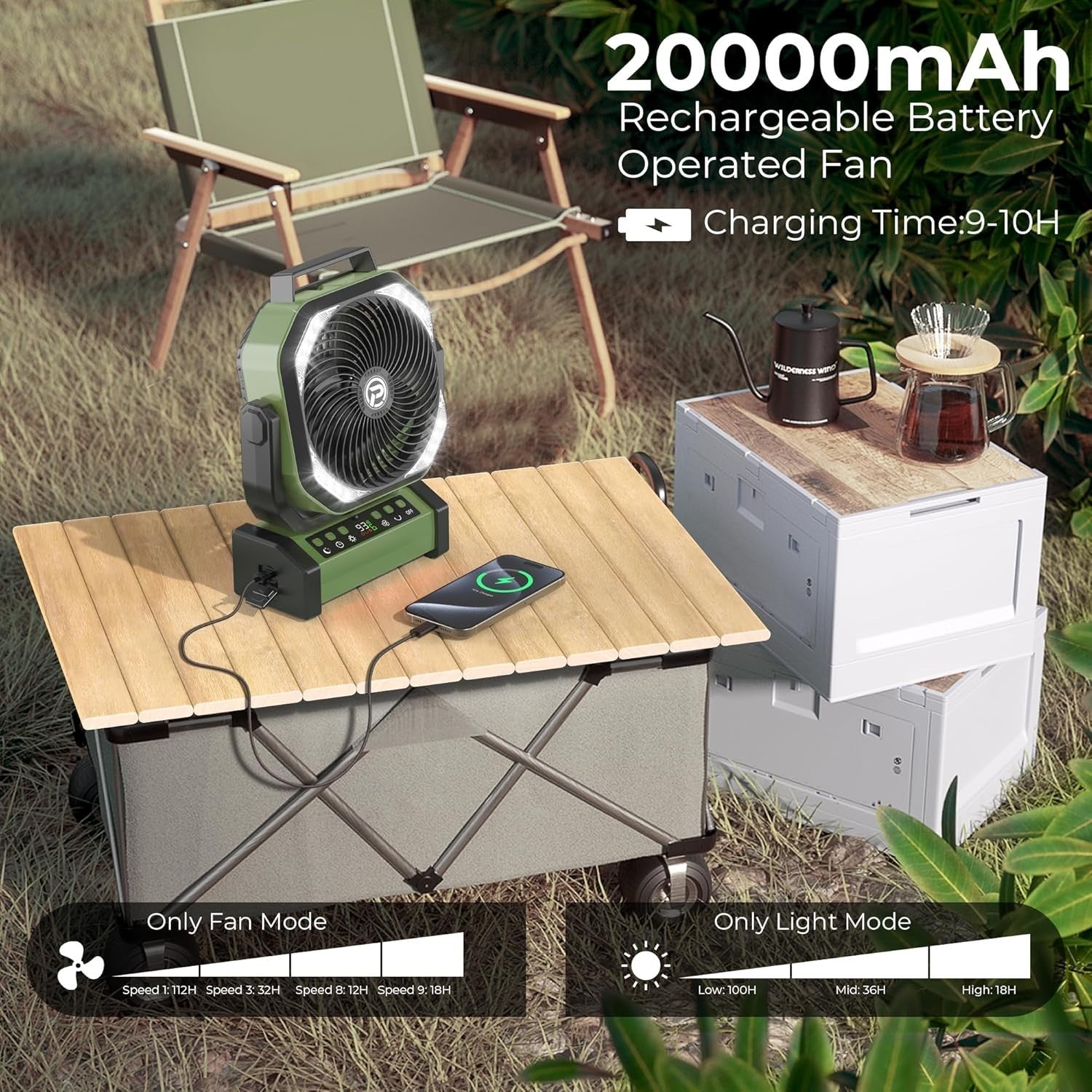 Green Camping Fan – 20000mAh Rechargeable w/ LED Light, 9 Speeds & Remote Timer