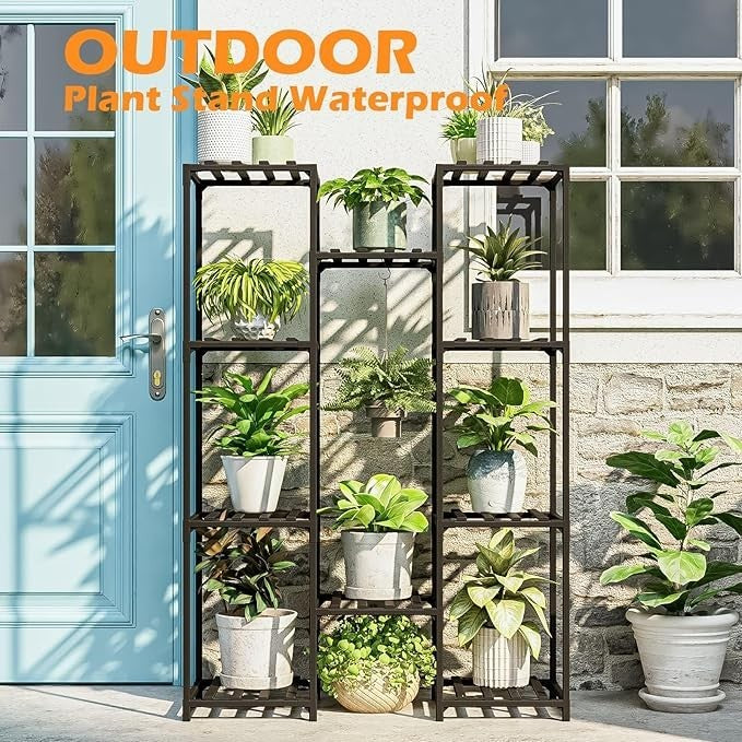 Tall Black Wooden Plant Stand Indoor Outdoor Multi-Shelf Flower Rack