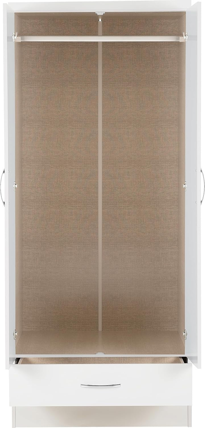 White Gloss 2 Door Mirror Wardrobe with Drawer – Modern Bedroom Storage