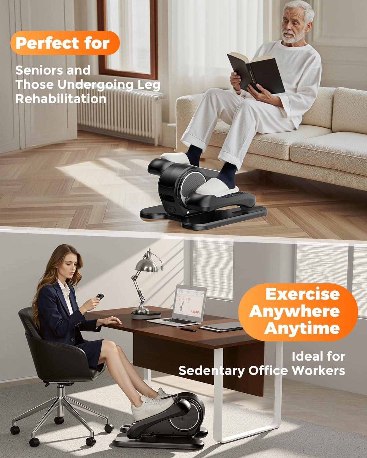 Under Desk Elliptical Machine for Home Workout, 12 Levels Speeds Ellipse Leg Exe