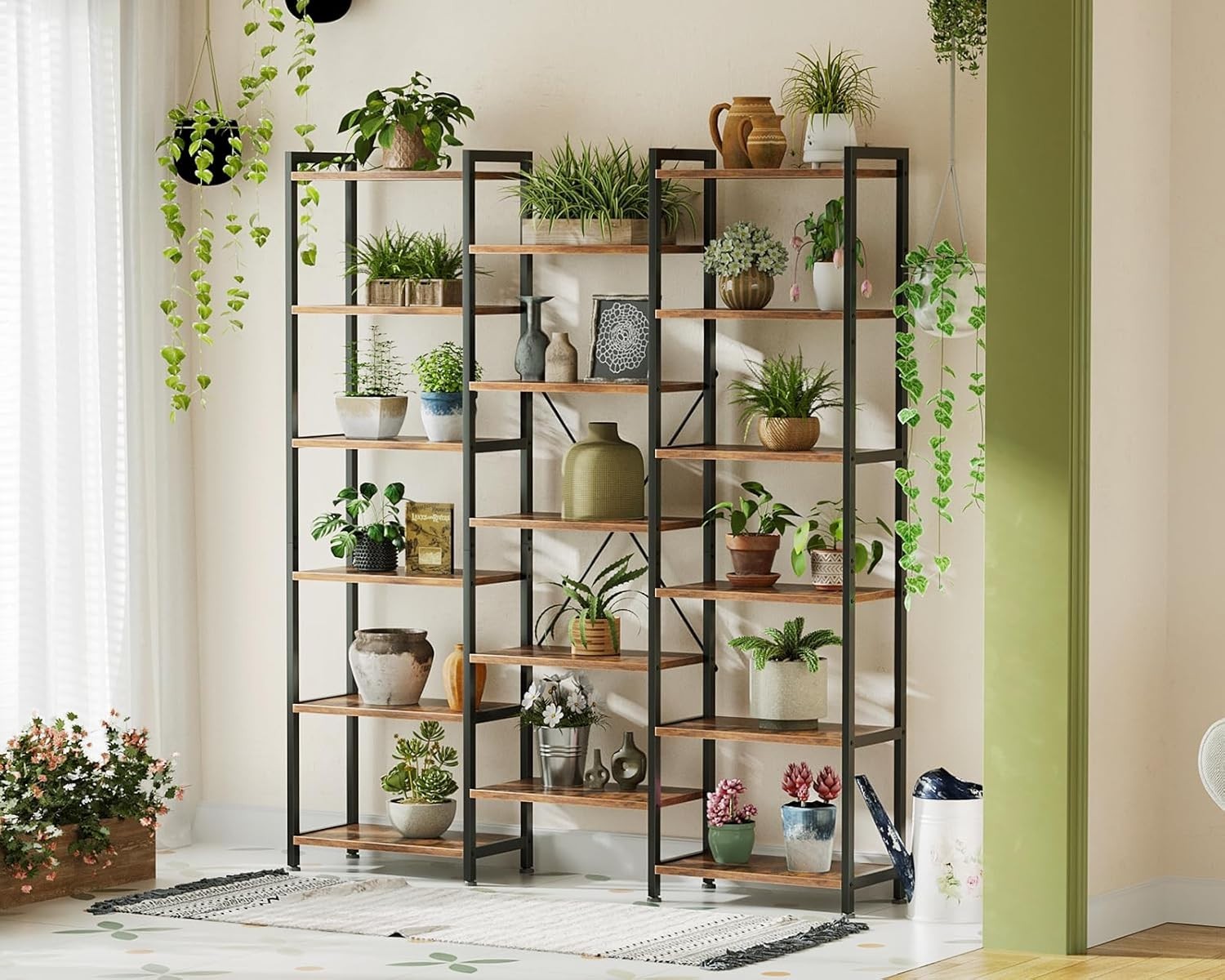 6 Tier Triple Bookshelf Industrial 14 Shelf Wide Bookcase Rustic Brown