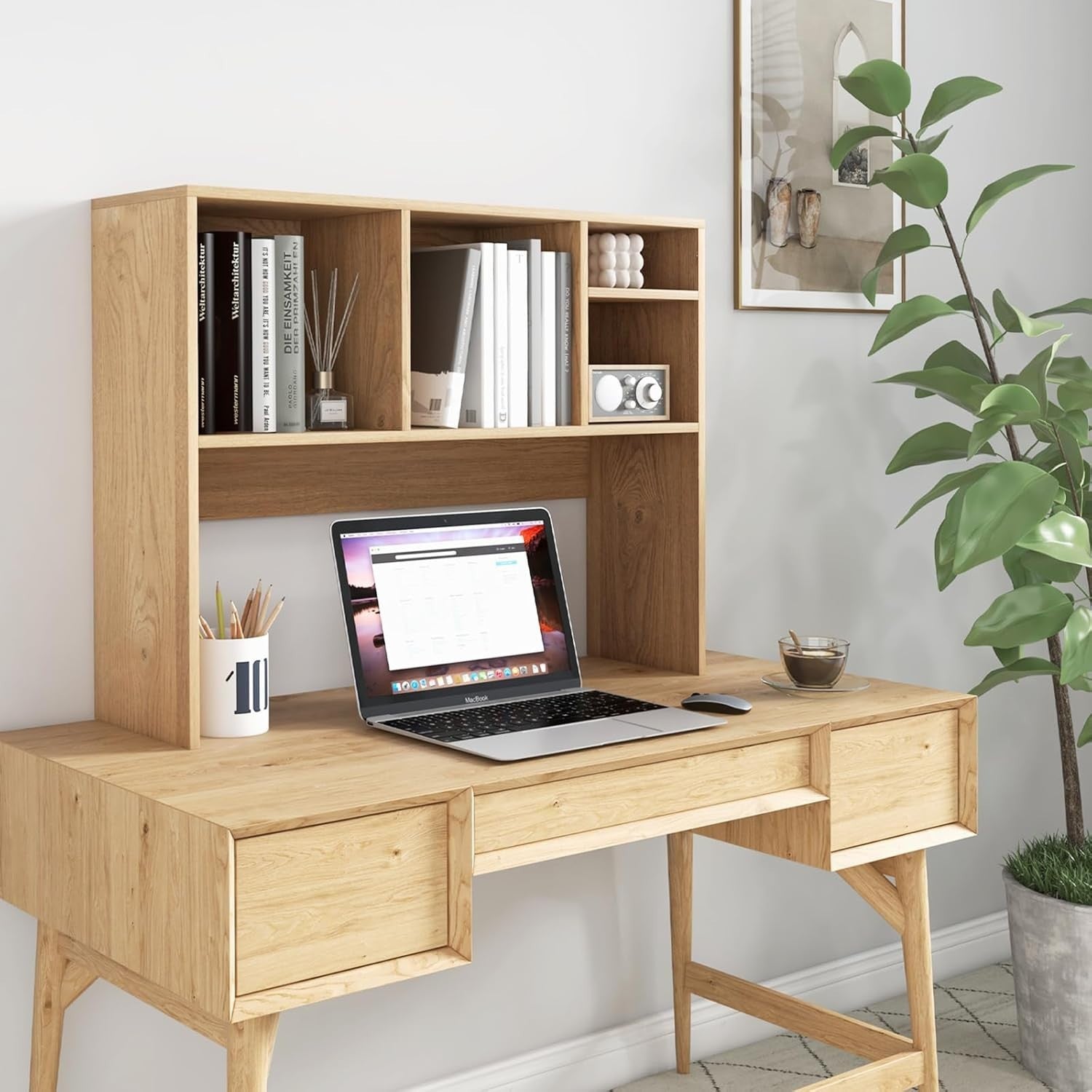 94cm Natural Desk Hutch – 4-Compartment Wooden Desktop Bookshelf Organizer
