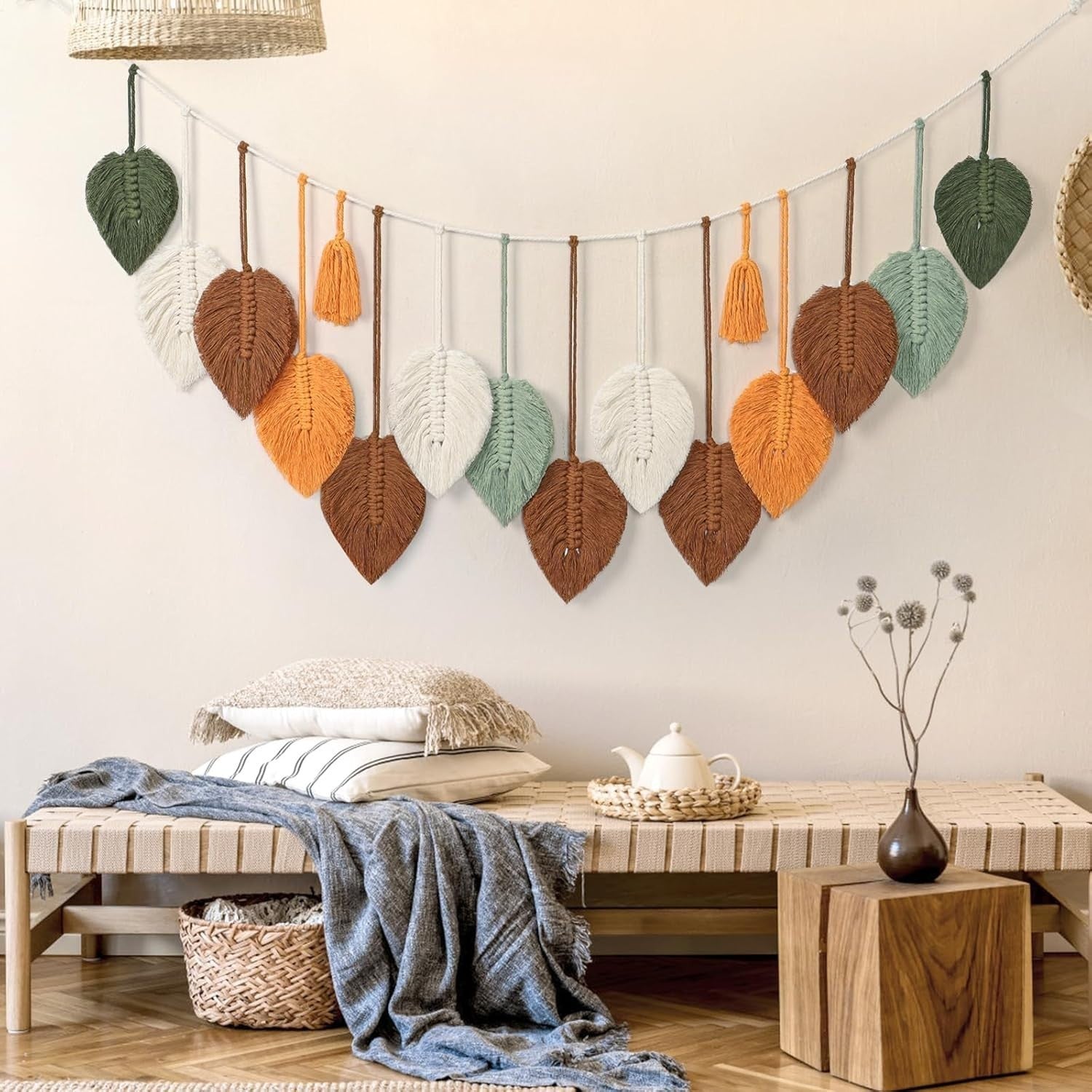 Large Macrame Leaves Wall Hanging Boho Tapestry 120x39cm