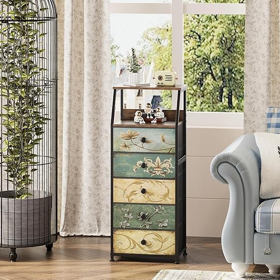 Rustic 5-Drawer Slim Chest Unit with Open Shelf, Space-Saving Bedroom Storage