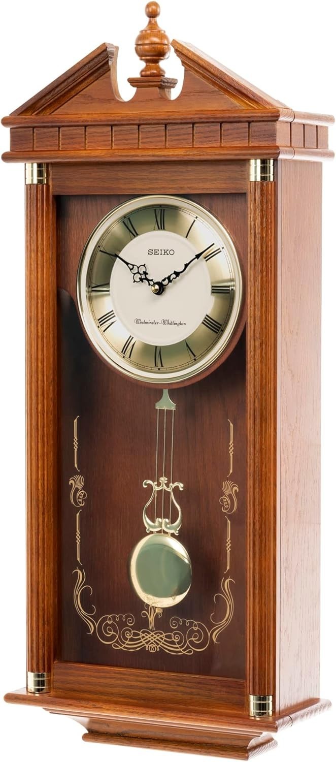 Quartz Wall Clock with Westminster Dual Chime & Silent Pendulum Brown