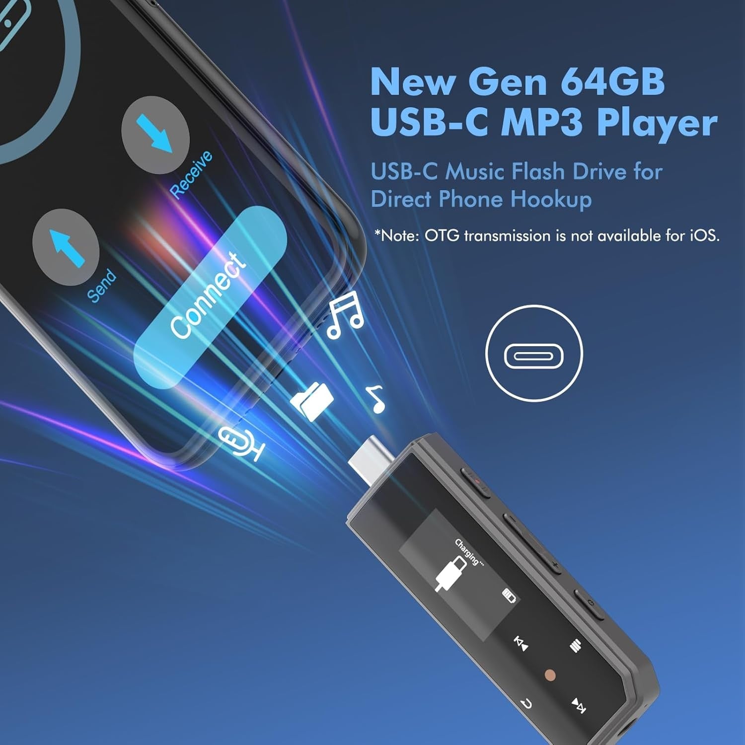64GB Bluetooth 5.3 MP3 Player FM Radio USB-C Clip Portable Music